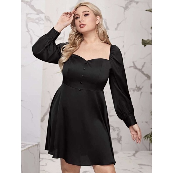 BIG SIZE - Váy lụa trơn màu đen big size khoá lưng (90-100kg)