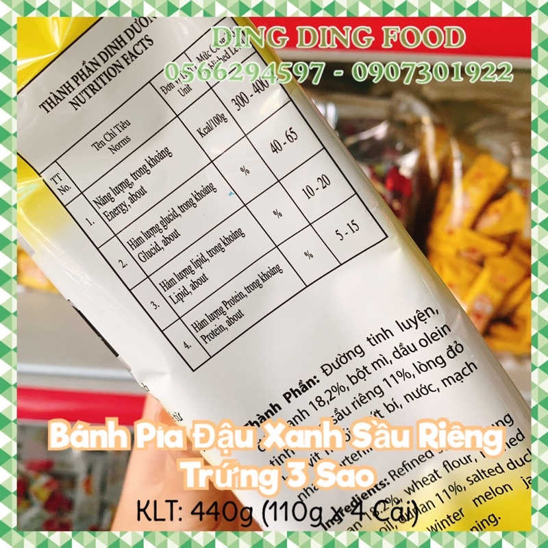 Bánh Pía Đậu Xanh Sầu Riêng Trứng 3 Sao 440g [ 4 BÁNH ] Tân Huê Viên| Bánh Pía Tân Huê Viên| Ăn Vặt - DING DING FOOD