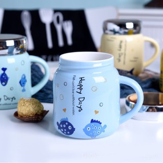 Cốc sứ chống đổ happy days 350ml có nắp gương xoay