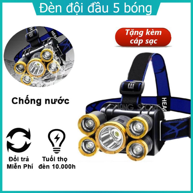 Đèn pin đội đầu 5 bóng Led siêu sáng chống nước kèm sạc 4 chế độ sạc điện micro USB pin dung lượng lớn