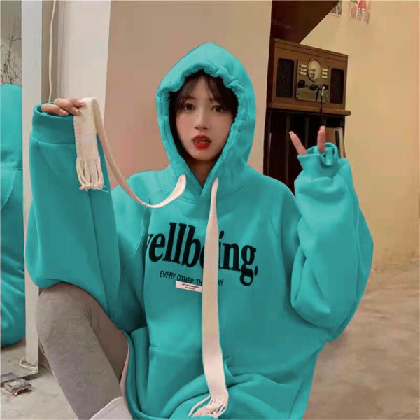 Áo hoodie nữ dài tay dây rút bản to wellbeling - Áo nỉ học sinh form rộng màu sắc trẻ trung, thiết kế đường phố vintage