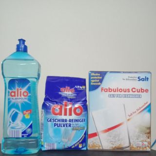 Muối rửa bát chuyên dụng 2kg + bột rửa bát Alio 1,8kg +Chai nước bóng alio 1 lít