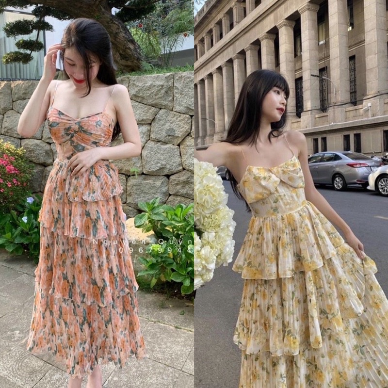 (về hoa mới )sẵn ĐẦM HOA VÀNG TẦNG 2 DÂY NHÍU NGỰC MIDI
