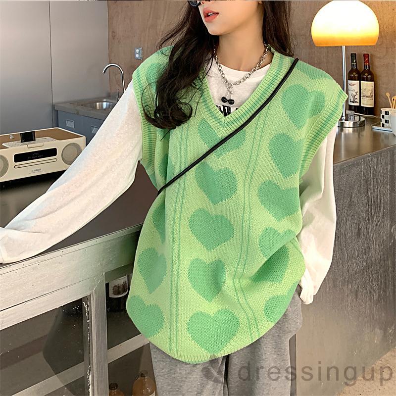 Áo dệt kim sát nách dáng rộng in họa tiết trái tim màu sắc thời trang mùa đông cho nữ