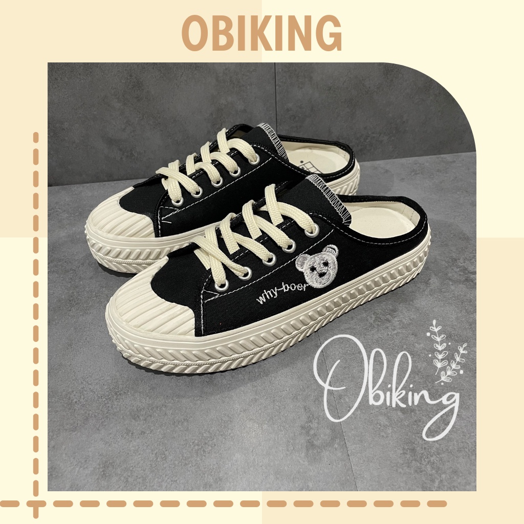 Giày sục thêu hình gấu, đạp gót độn đế 3cm