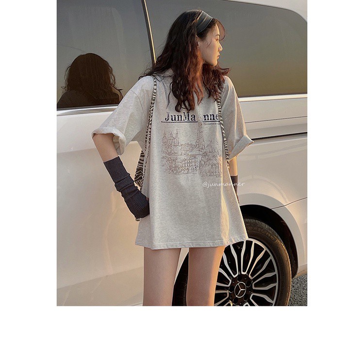 Áo Thun Tay Ngắn Cổ Tròn Màu Xám In Họa Tiết Phong Cách Retro Hàn Quốc Thời Trang Mùa Hè Cho Nữ