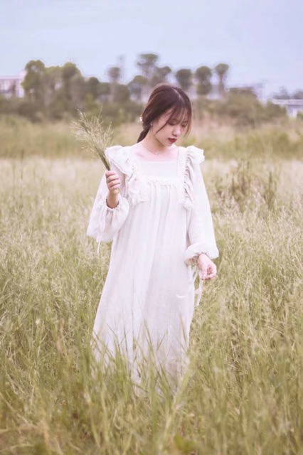 Váy babydoll đũi dáng dài phối bèo tay phồng thắt nơ ulzzang tiểu thư siêu xinh