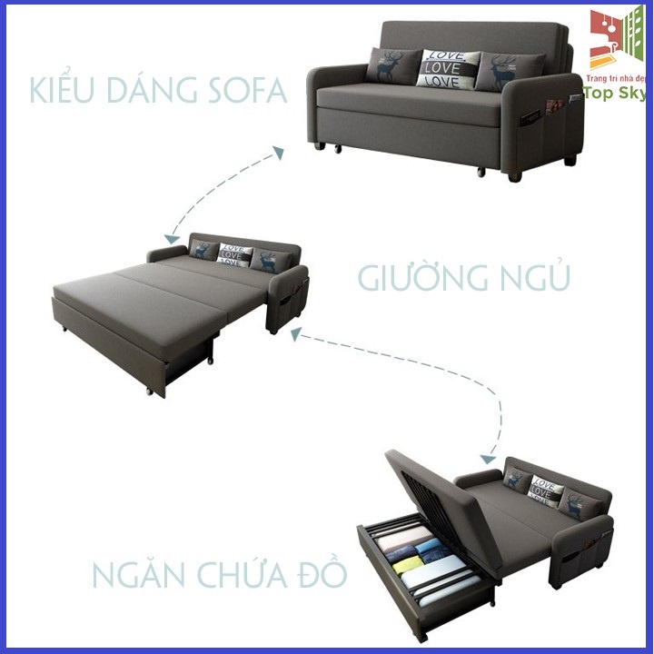 Sofa Giường Cao Cấp, Giường Thông Minh, Sofa Đa Năng Có Ngăn Chứa Đồ, KT 1m6 x 1m92. Tặng Kèm 3 Gối Cao Cấp