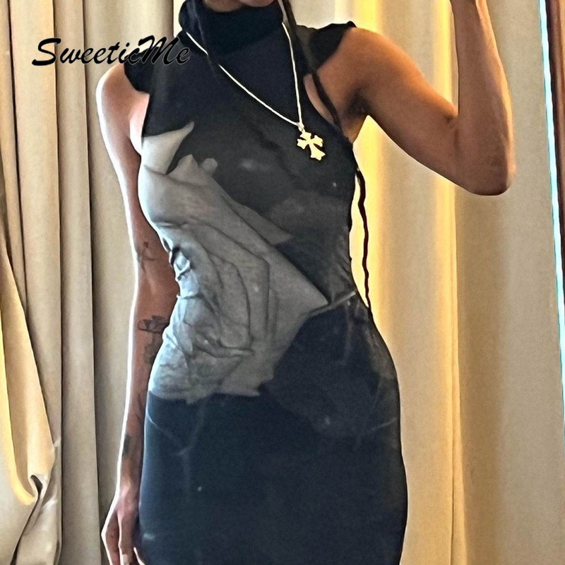 Đầm Cổ Tròn Không Tay Dáng Ôm In Họa Tiết Thời Trang   Gợi Cảm Cho Bạn Gái