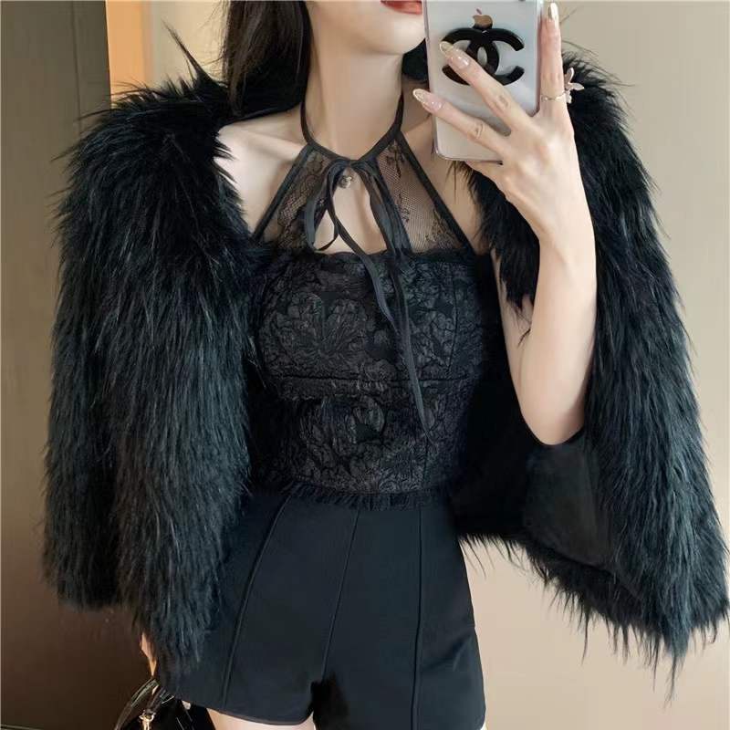 Jiashucheng Hàng Có Sẵn Áo Hai Dây Phối Ren Dáng Ngắn Thời Trang Mùa Đông Quyến Rũ Dành Cho Nữ