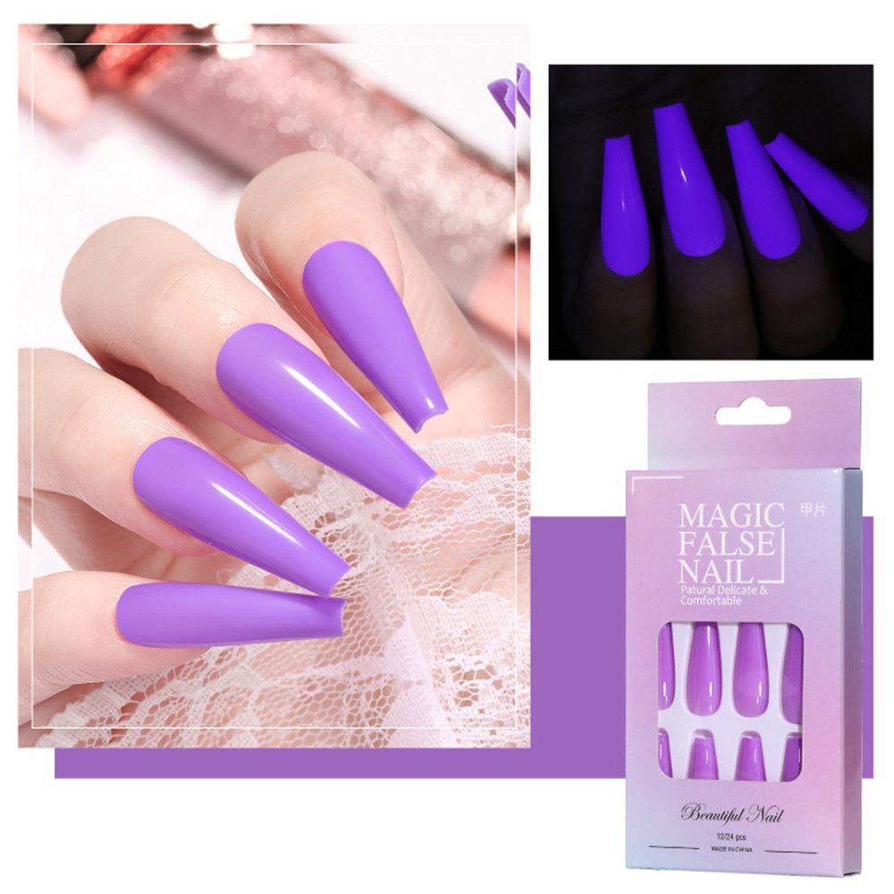 Set 24 Móng Tay Giả Dạ Quang Màu Trơn Thời Trang