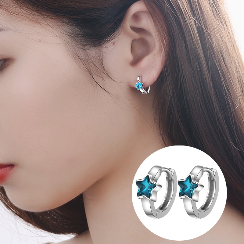 Khuyên tai tròn đính đá zircon hình ngôi sao nhỏ màu xanh dương bằng bạc sterling cho bé gái trẻ em gái