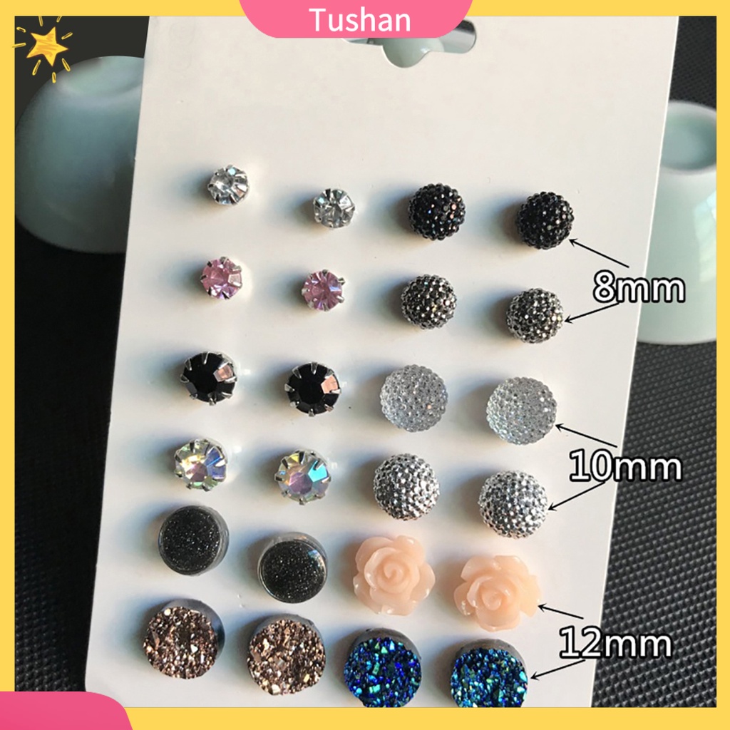 Bộ 12 cặp khuyên tai đính kim cương giả phong cách sang trọng thanh lịch cho nữ