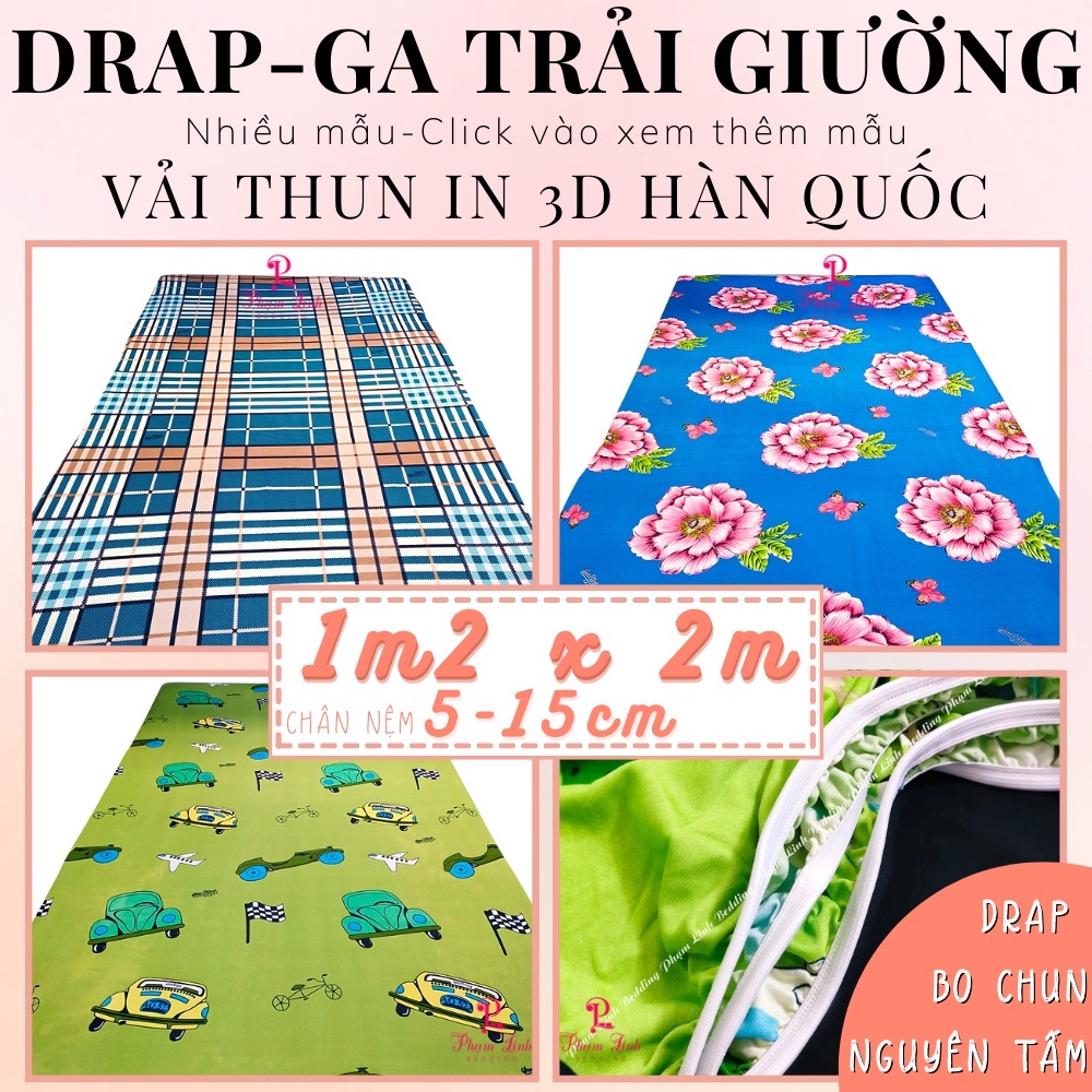 Drap lẻ-Ga trải giường bo chun vải thun in 3D Hàn Quốc sợi polyester Chân drap cao 20cm Chỉ 1 ga