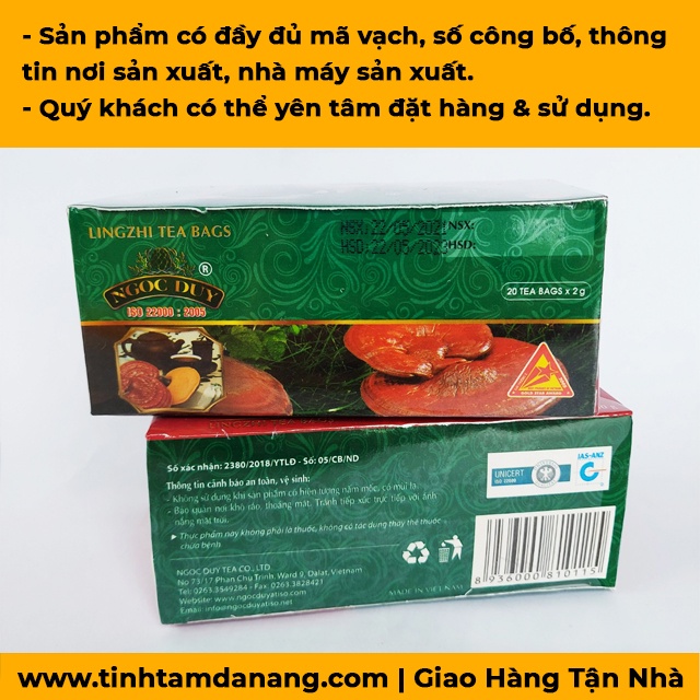 Trà túi lọc linh chi Ngọc Duy Đà Lạt thanh nhiệt giải độc, hộp 20 túi lọc đặc sản làm quà