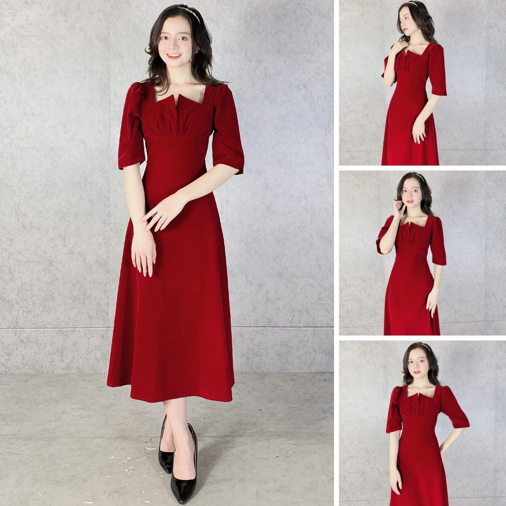 Váy công sở nữ vintage sang chảnh EMIX (màu đỏ), tay lỡ, xẻ ngực, dáng dài, thiết kế xẻ ngực, vải nhung mềm