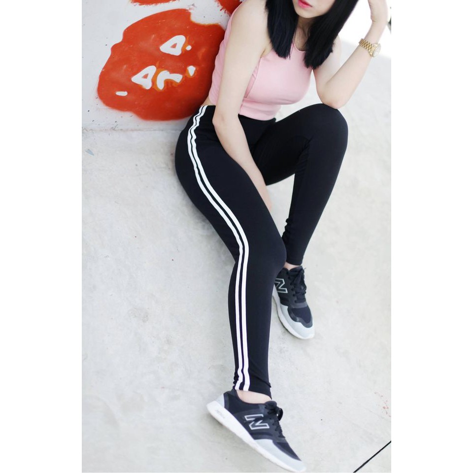 Quần Legging Lưng Liền Đen 2 Sọc Trắng Thun Co Giãn Mềm Mại | BigBuy360 - bigbuy360.vn
