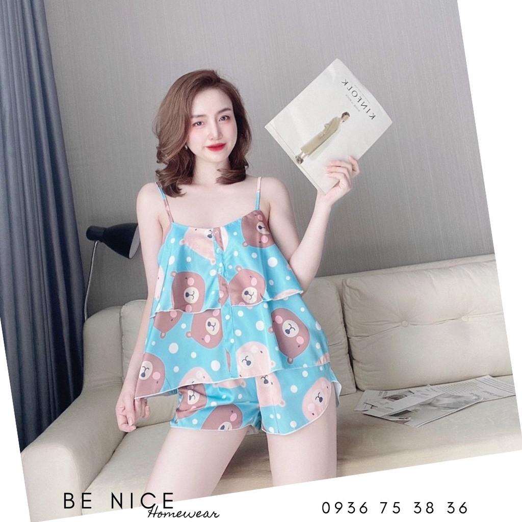 Set short lụa dây tầng mặc nhà họa tiết xinh xắn cho nàng nhà Be Nice Homewear