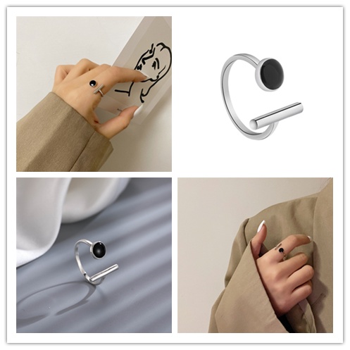 Nhẫn Kiểu Hình Học Màu Đen/Bạc Hình Tròn Có Thể Điều Chỉnh Kích Thước Phong Cách Hàn Quốc Cho Nữ