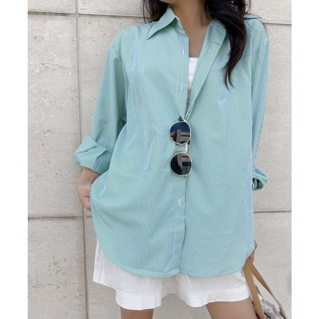 YU CHERRY | Áo sơmi basic kẻ sọc nhỏ, Striped Cotton Shirt YA402