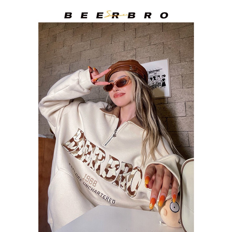 Áo sweater cổ polo có khóa kéo màu tương phản thiết kế chữ thêu dày dặn lót vải lông cừu phong cách Âu Mỹ cỡ lớn cho nữ