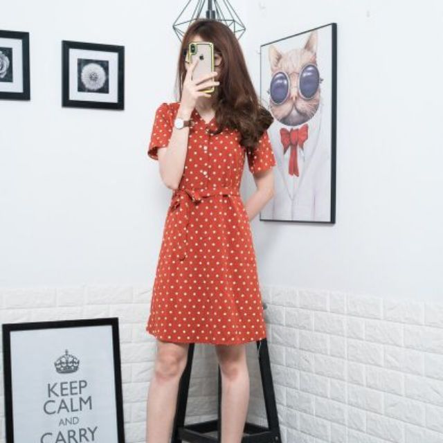 Đầm chấm bi cổ tròn có buộc eo có 3 màu (ảnh thật shop chụp)