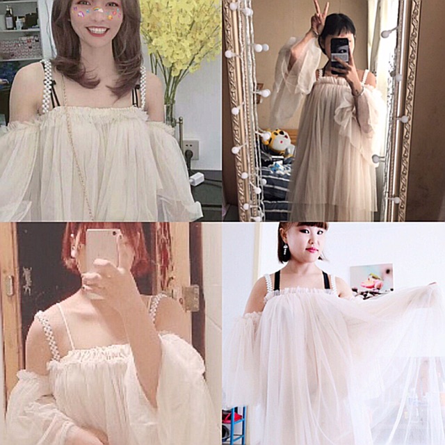 ♥️Đầm,Váy Dây Ngọc Màu Nude Ulzzang 3 TầngFzsize Maxi đi biển
