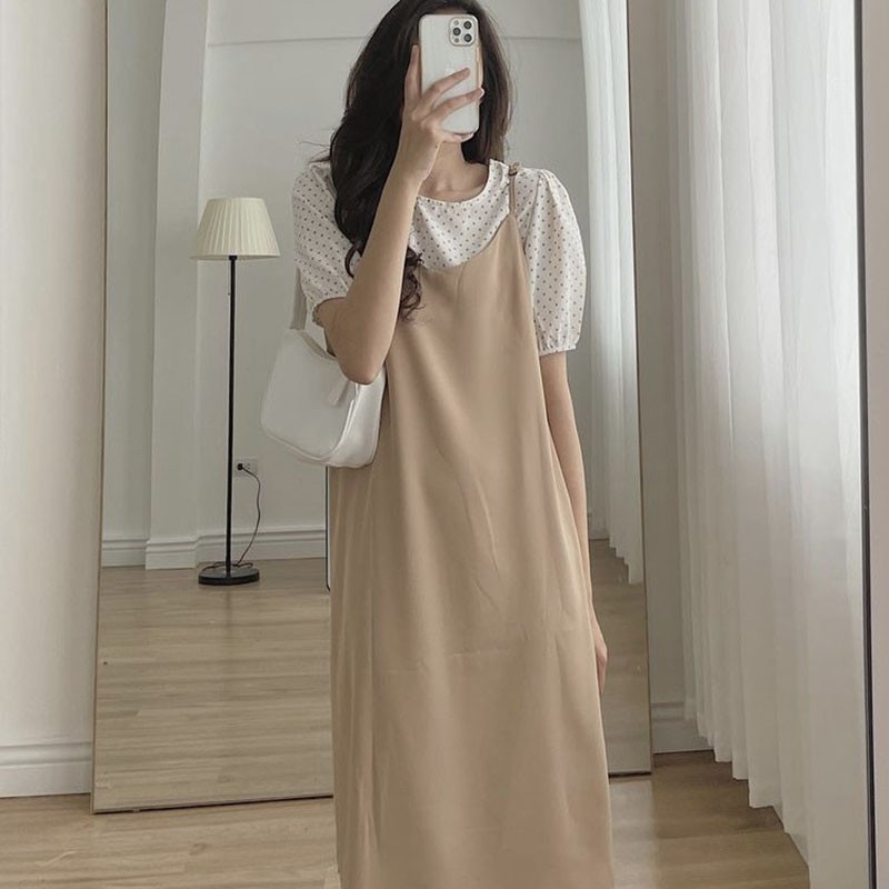 Váy Nữ 2 Dây Dáng Xòe- Kèm Áo Chấm Bi M085