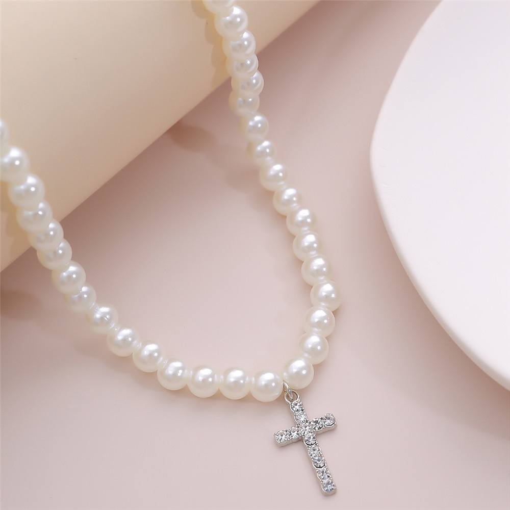 Vòng cổ choker mặt chữ thập đính ngọc trai giả thời trang cho nam nữ Yanqueens Đồ trang sức