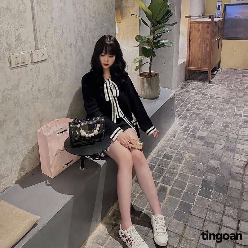 TINGOAN® - Áo len xù cardigan đen viền trắng buộc nơ cổ tingoan BARBIE HEART CARDIGAN/BL