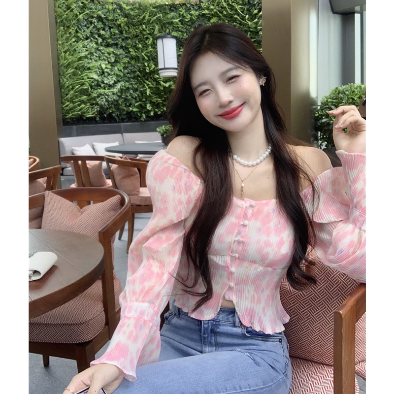 QKOOLE  Áo Croptop Trễ Vai Tay Loe Màu Hồng Phong Cách Hàn Quốc Cho Nữ