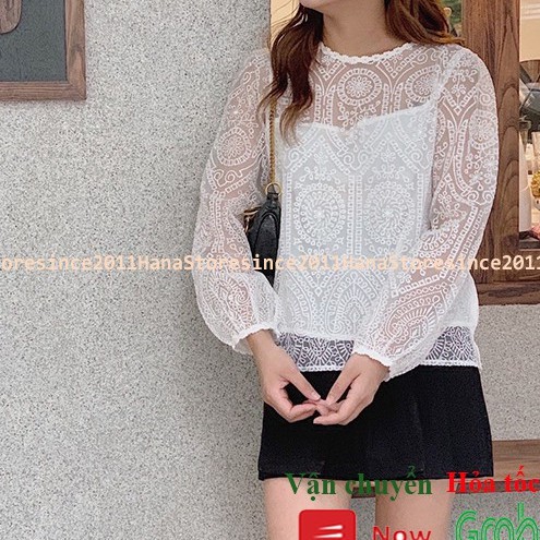Áo ren dài tay 2 lớp, cách điệu cổ nhấn, tay bo xinh xắn, hàng sẵn