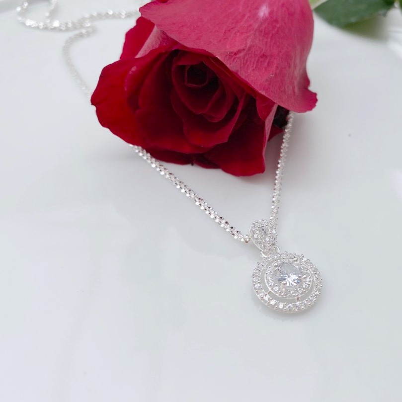 Dây chuyền bạc ý Evasilver mặt hình tròn gắn đá sang trọng nữ tính, Vòng cổ bạc S925 mẫu dây xù bền đẹp sáng bóng