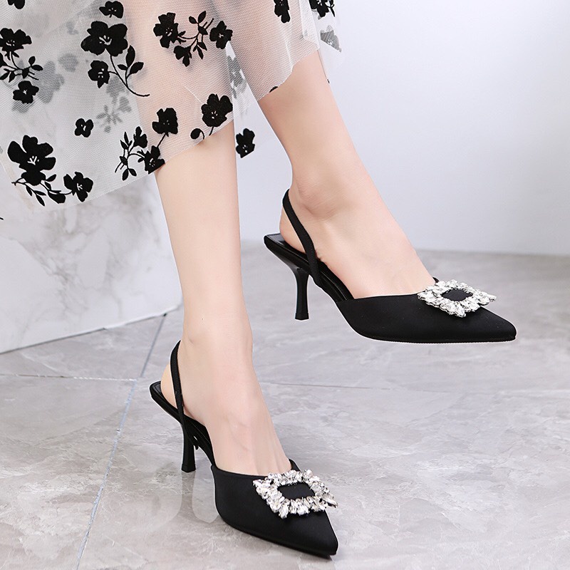 Giày guốc cao gót nữ 7cm phối Mặt đá Xinh xắn êm chân- E68