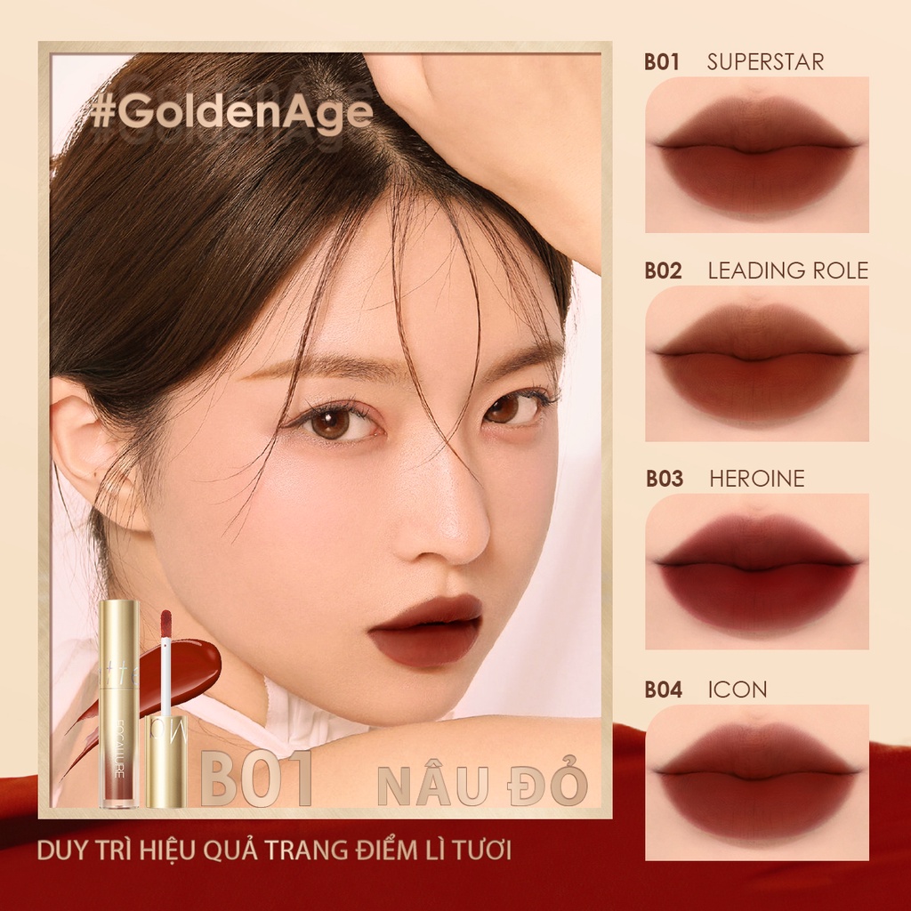 Son môi FOCALLURE dạng lỏng màu sắc sáng bóng nhanh khô lâu trôi với vỏ son màu vàng kim GoldenAge 2.5g