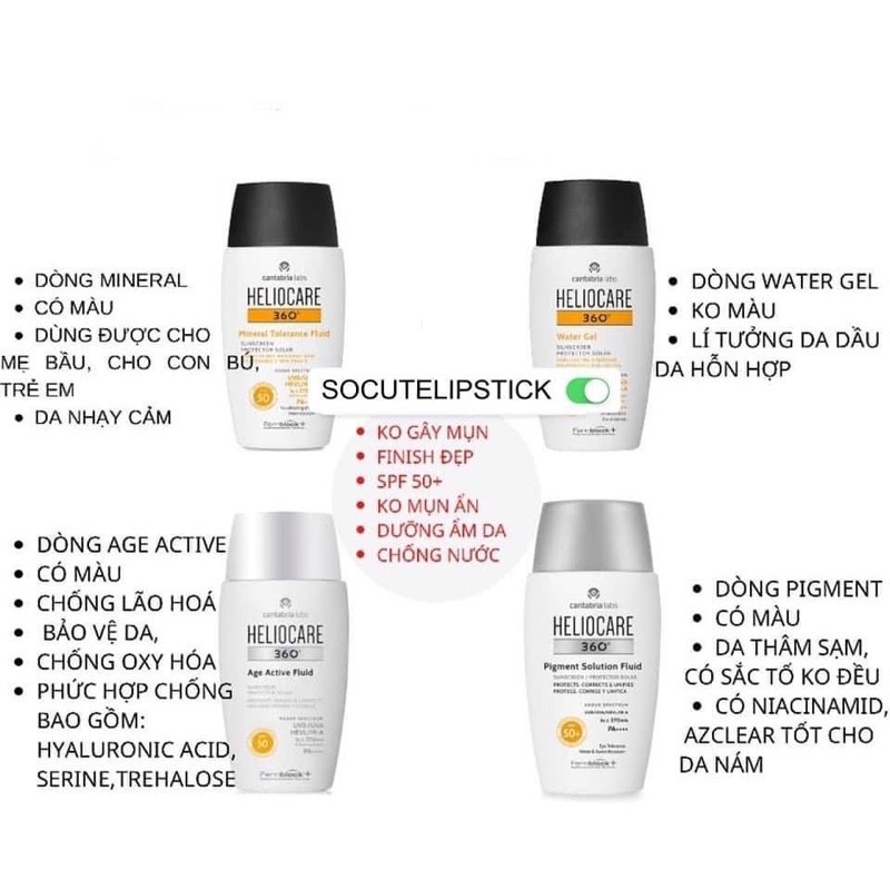 Kem chống nắng Heliocare Mineral / Pigment/ Water gel/ Age SPF 50