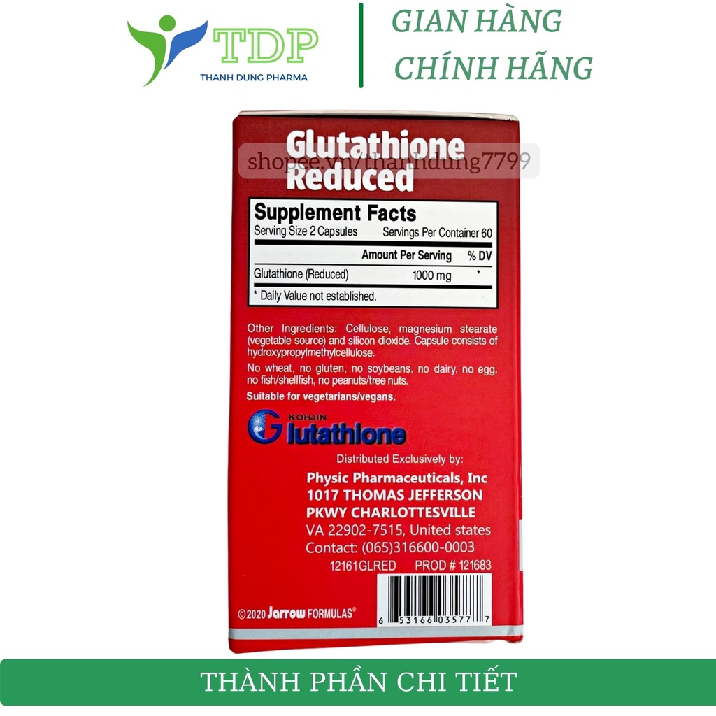Viên uống trắng sáng da, mờ thâm nám Glutathione reduced 1000mg jarrow formulas chống oxi hoá hỗ trợ sức khoẻ- chai 60 v