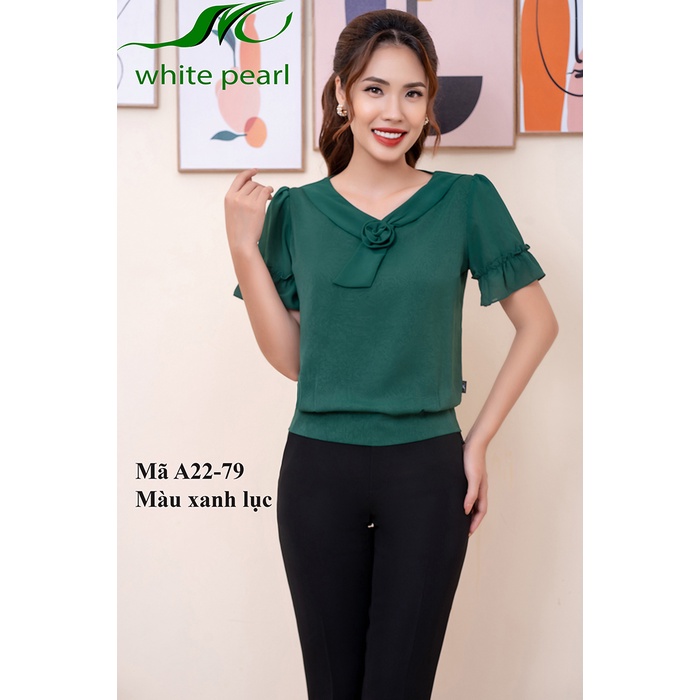 Áo sơ mi nữ công sở tay ngắn bèo bo gấu 3 màu xanh lục đen trắng White pearl