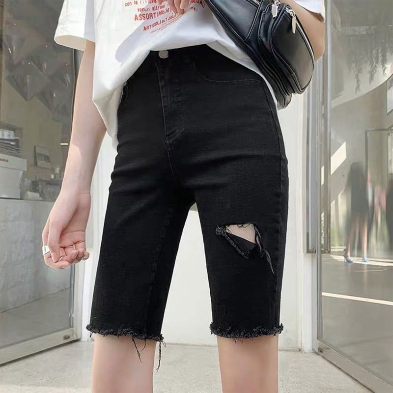 Brroa Quần Short Jean Rách Cạp Cao Ôm Dáng Viền Thô Rách Gối Cổ Điển Dài Đến Đầu Gối Cho Nữ Sh