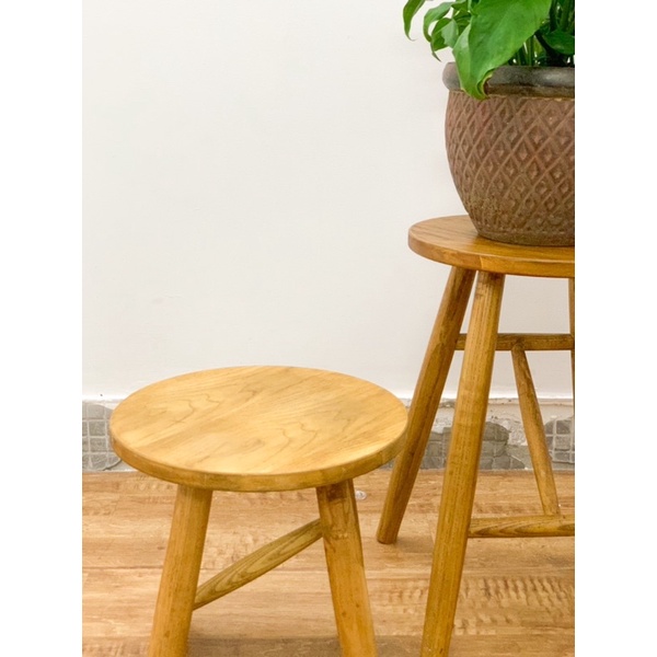 Ghế đôn gỗ tự nhiên phong cách Vintage mặt tròn cao 30cm, vân gỗ nổi trang trí decor
