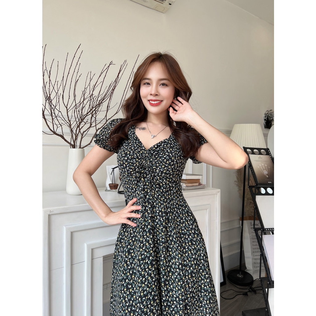 Đầm xòe hoa nhí rút ngực tay phồng bo thun - GR0225
