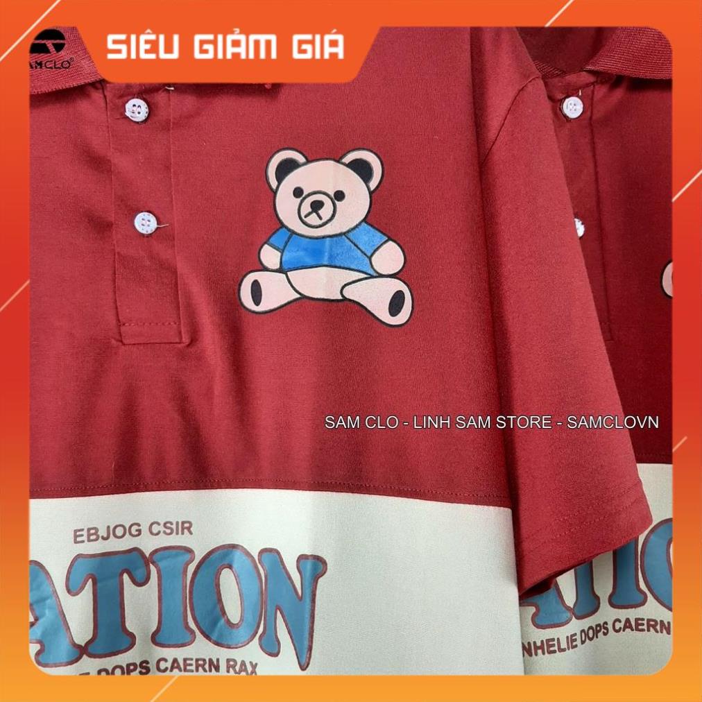 Áo thun Polo tay lỡ SAM CLO có cổ form rộng phông freesize dáng unisex mặc cặp, nhóm, lớp, đi học in hình CON GẤU