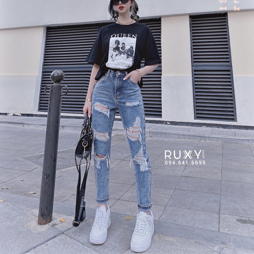 [Mã BMBAU50 giảm 50K đơn 150K] Quần Jean Nữ Ruxy Rách Gối Cạp Cao Dáng Baggy Xanh