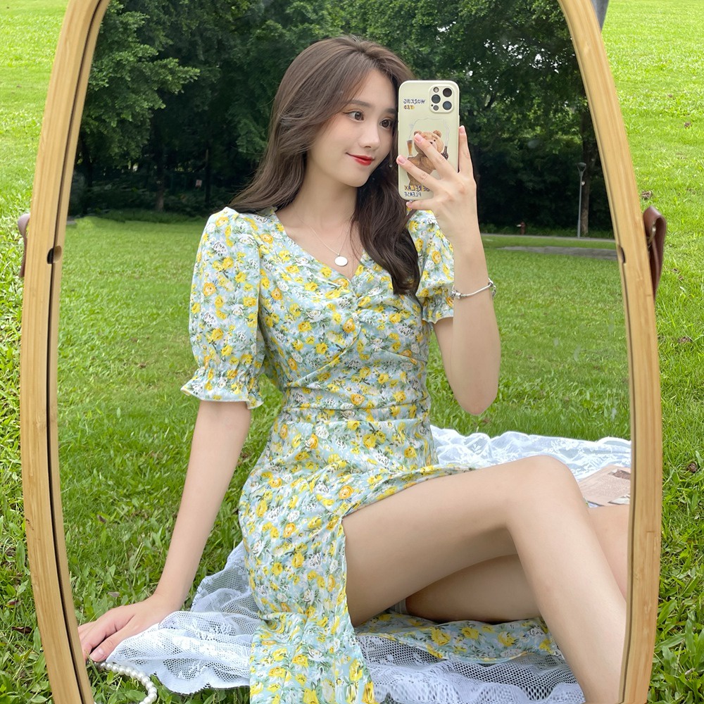 Đầm voan dài ZHELIHANGFEI họa tiết hoa phong cách quyến rũ thời trang