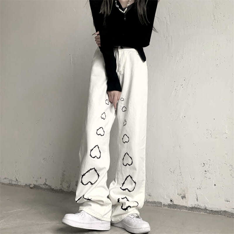 Quần Jean Dài Ống Rộng Màu Trắng Họa Tiết Trái Tim Phong Cách Retro Thời Trang Thu Đông Mới Dành Cho Nam Và Nữ LT7n