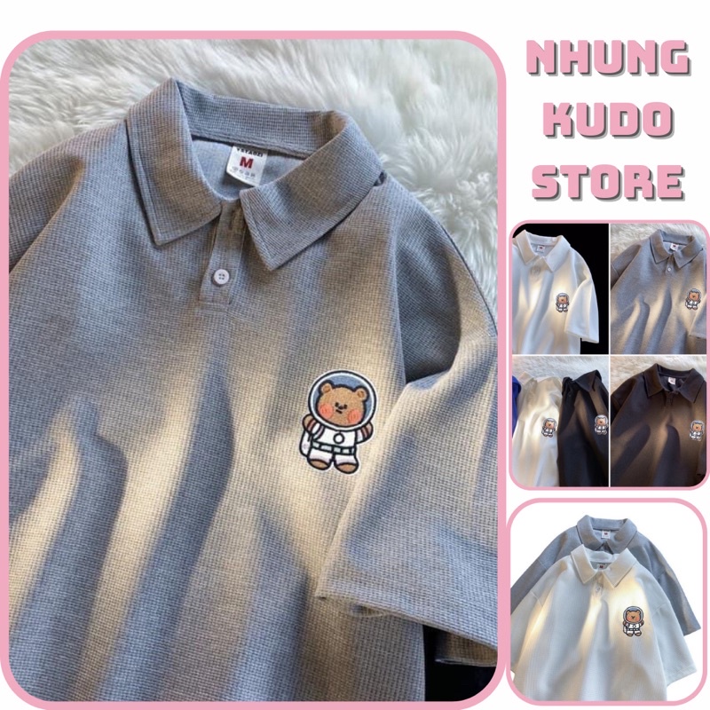 Áo polo cổ bẻ in hình GẤU Cute form thụng tay lỡ unisex mềm mịn Nhungkudostore