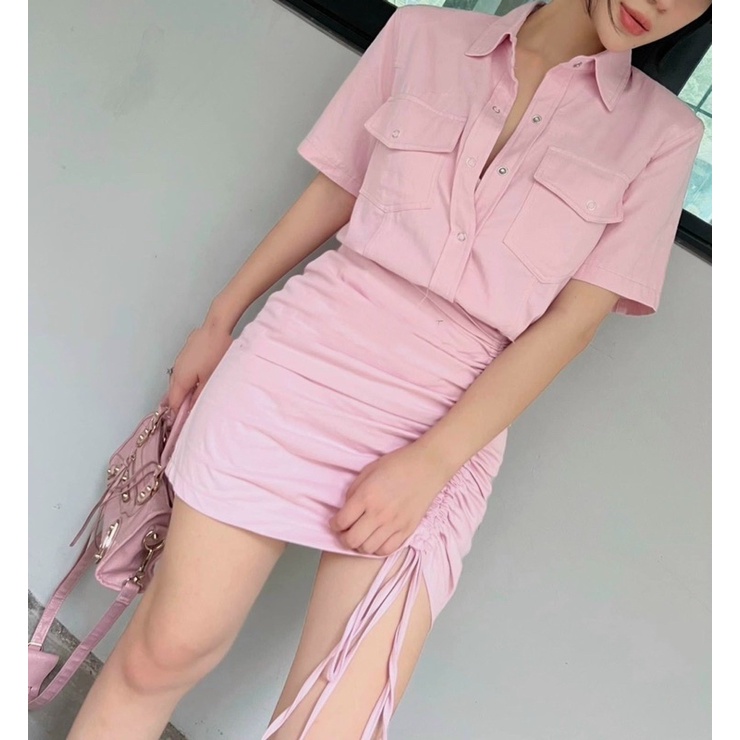 SET ÁO CỔ SƠ MI TÚI NẮP KÈM CHÂN VÁY RÚT DÂY KTGIMI ( Kèm ảnh thật)