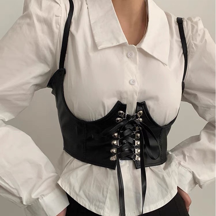 Áo CORSET DA 2 dây ullzang vintage NỊT BỤNG dành cho bạn nữ