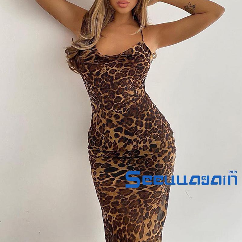 Đầm Hai Dây Ôm Hông Hở Lưng Họa Tiết Da Báo Gợi Cảm Cho Nữ