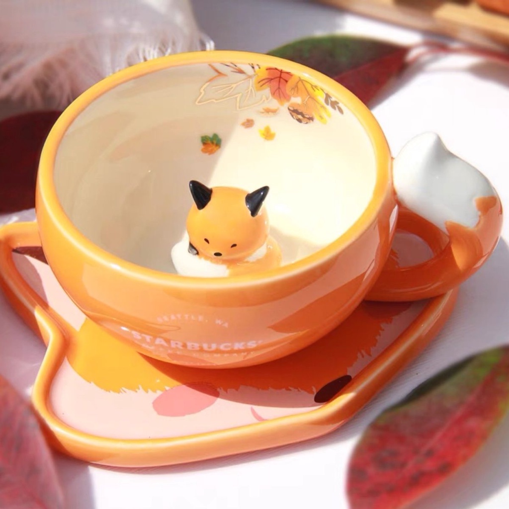 Cốc Uống Nước Starbucks Hình Cáo Lá Phong Dễ Thương Có Nắp Đậy Tiện Dụng